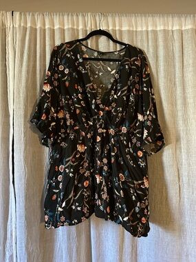 torrid Black Floral V-Neck Ruched Tunic with Multicolor Blooms